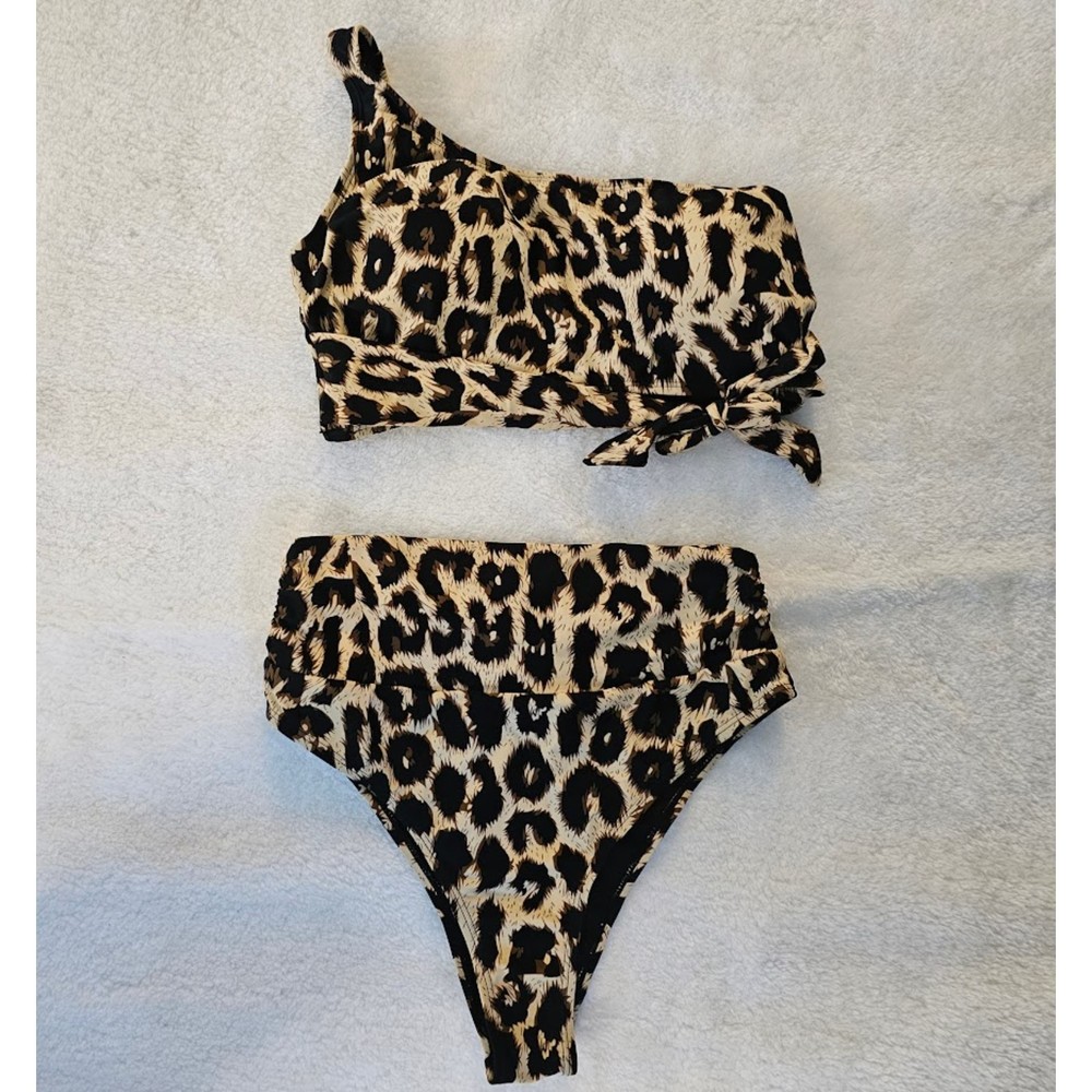 Cheetah Print 2 Piece High Waisted Bottoms and One Shoulder Strap Top Size Large